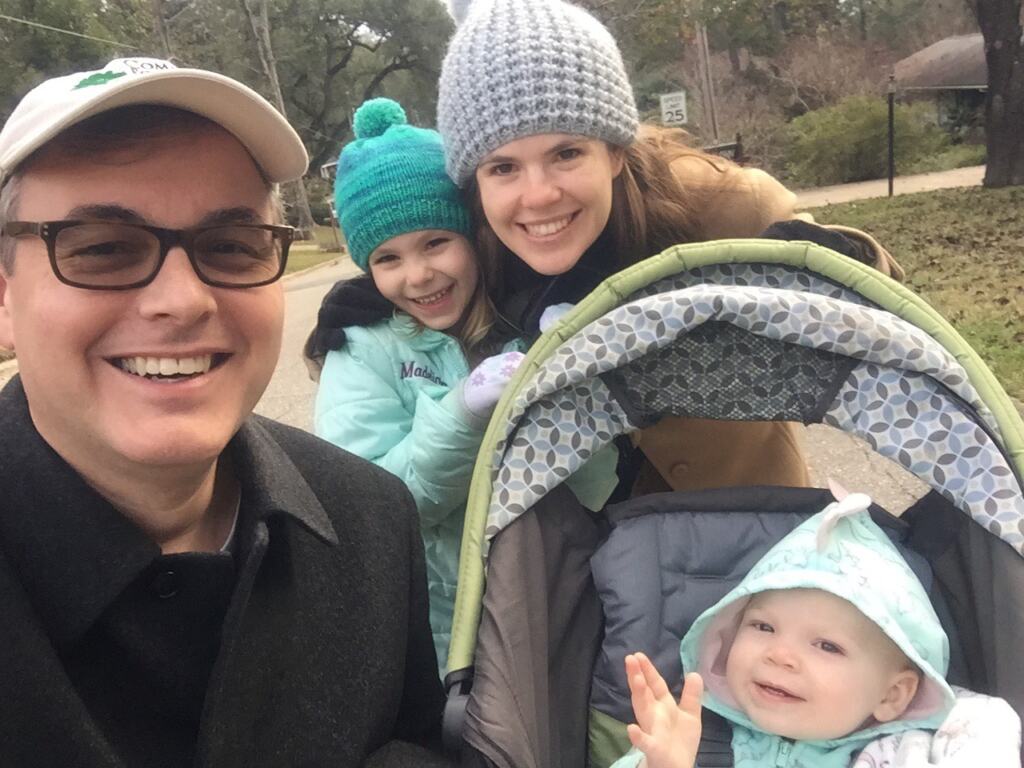 photo of Jessica Lowe-Minor and family (two kids and husband) on a walk in Midtown Tallahassee