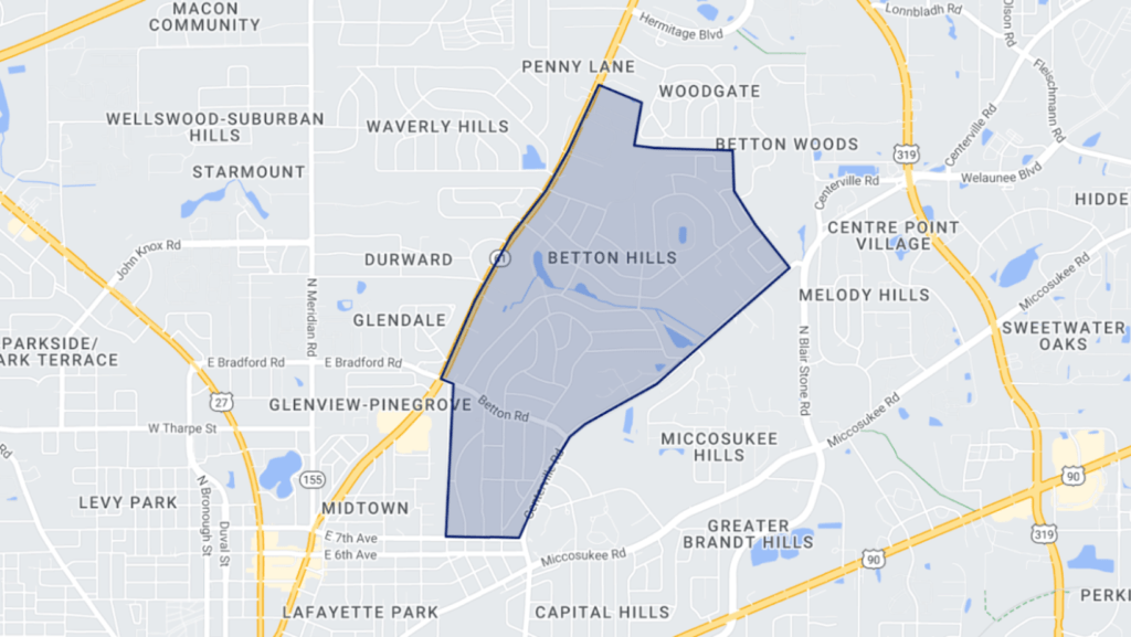 A map outlining the area where the Betton Hills neighborhood in Midtown Tallahassee, Florida is located.