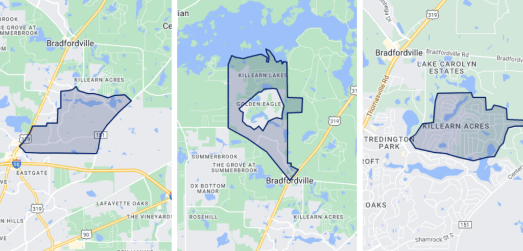 In this image, there are three maps indicating where the neighborhoods Killearn Estates, Killearn Lakes, and Killearn Acres are located in Tallahassee.