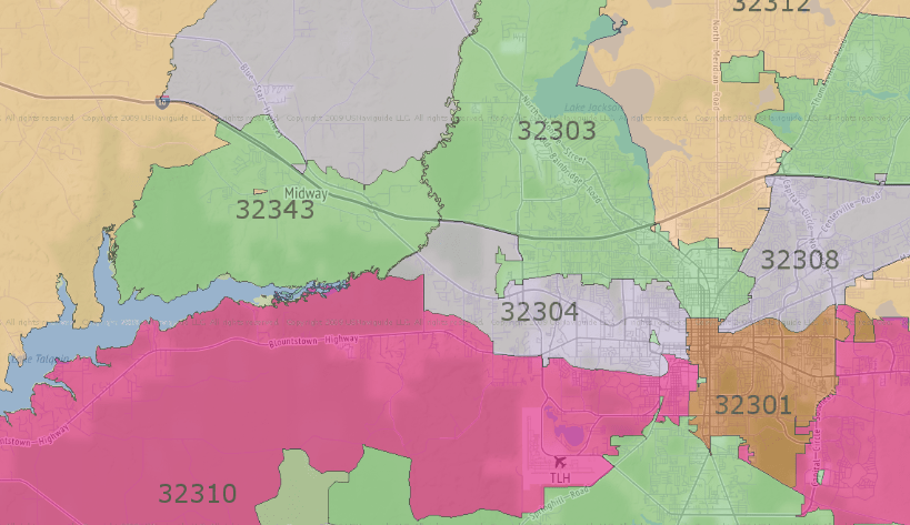 Map showing the zip codes in the Northwest Tallahassee area.