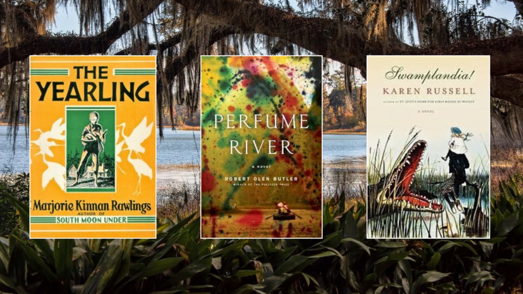 Collage of the books The Yearling, by Marjorie Kinnan Rawlings, Perfume River, by Robert Olen Butler, and Swamplandia!, by Karen Russell. Celebrity Ties in Tallahassee, Florida.