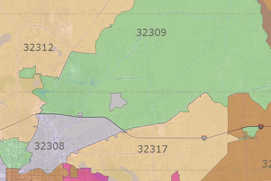 This is a map that outlines the main zip codes located in Northeast Tallahassee working clockwise which includes 32312, 32309, 32317, and 32308.